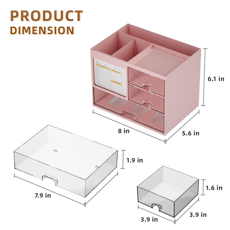 Marbrasse Desk Organizer with 3 Drawer, Multi-Functional Pencil Pen Holder for Desk, Desk Organizers and Accessories with 4 Compartments, Desktop Organizer Storage for Office Home Art Supplies (Pink) - Image 4